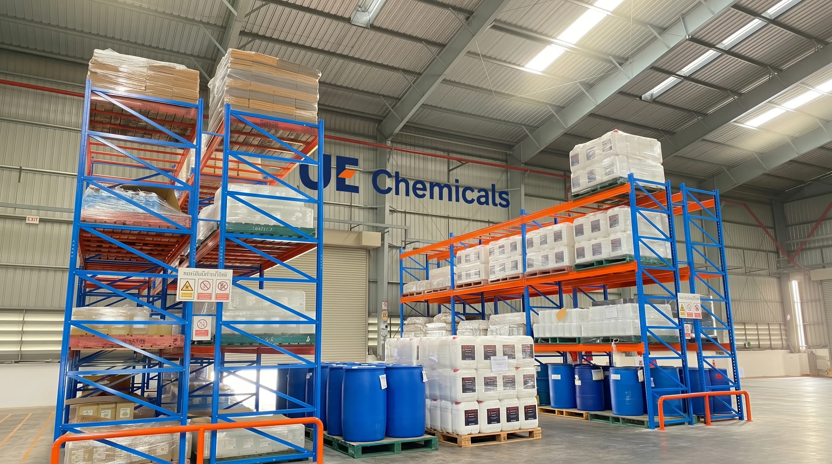 Caluanie Muelear Oxidize stock stacked on export-ready pallets inside the UE Chemicals warehouse