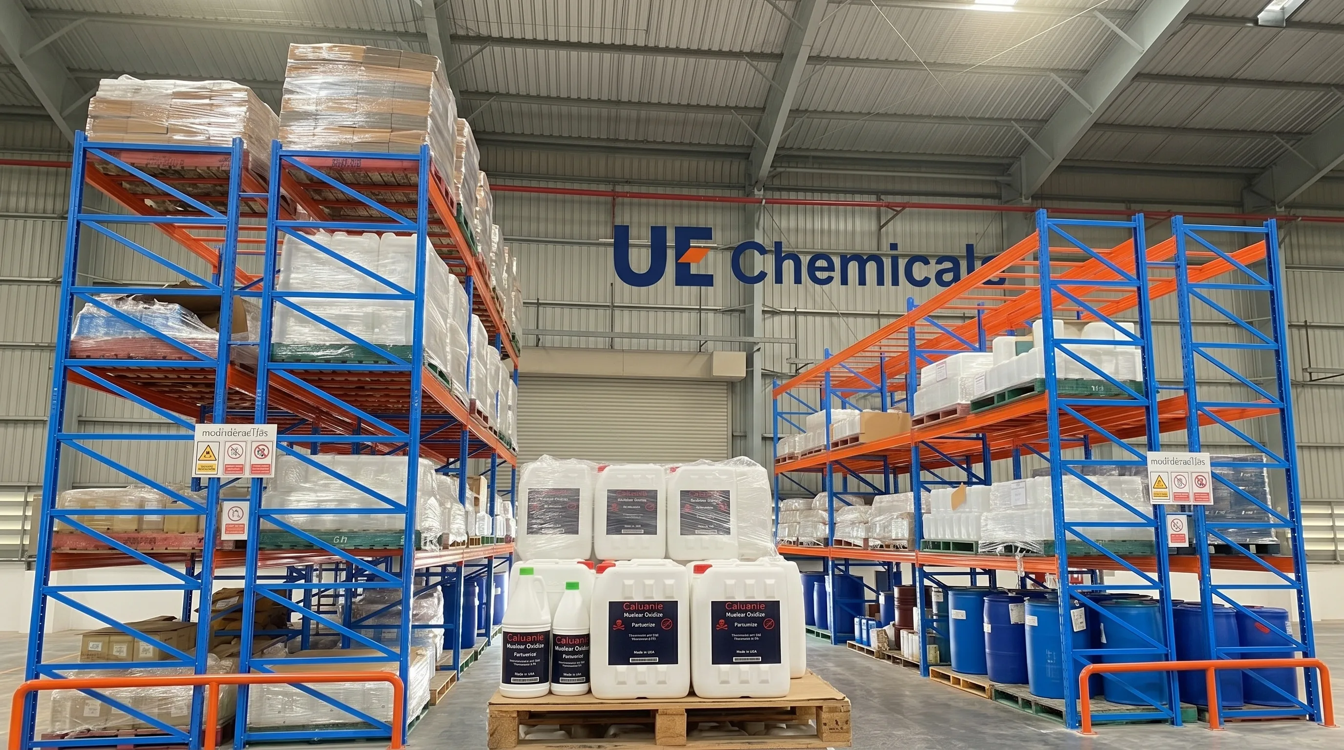 Palletised Caluanie Muelear Oxidize containers staged inside the UE Chemicals warehouse