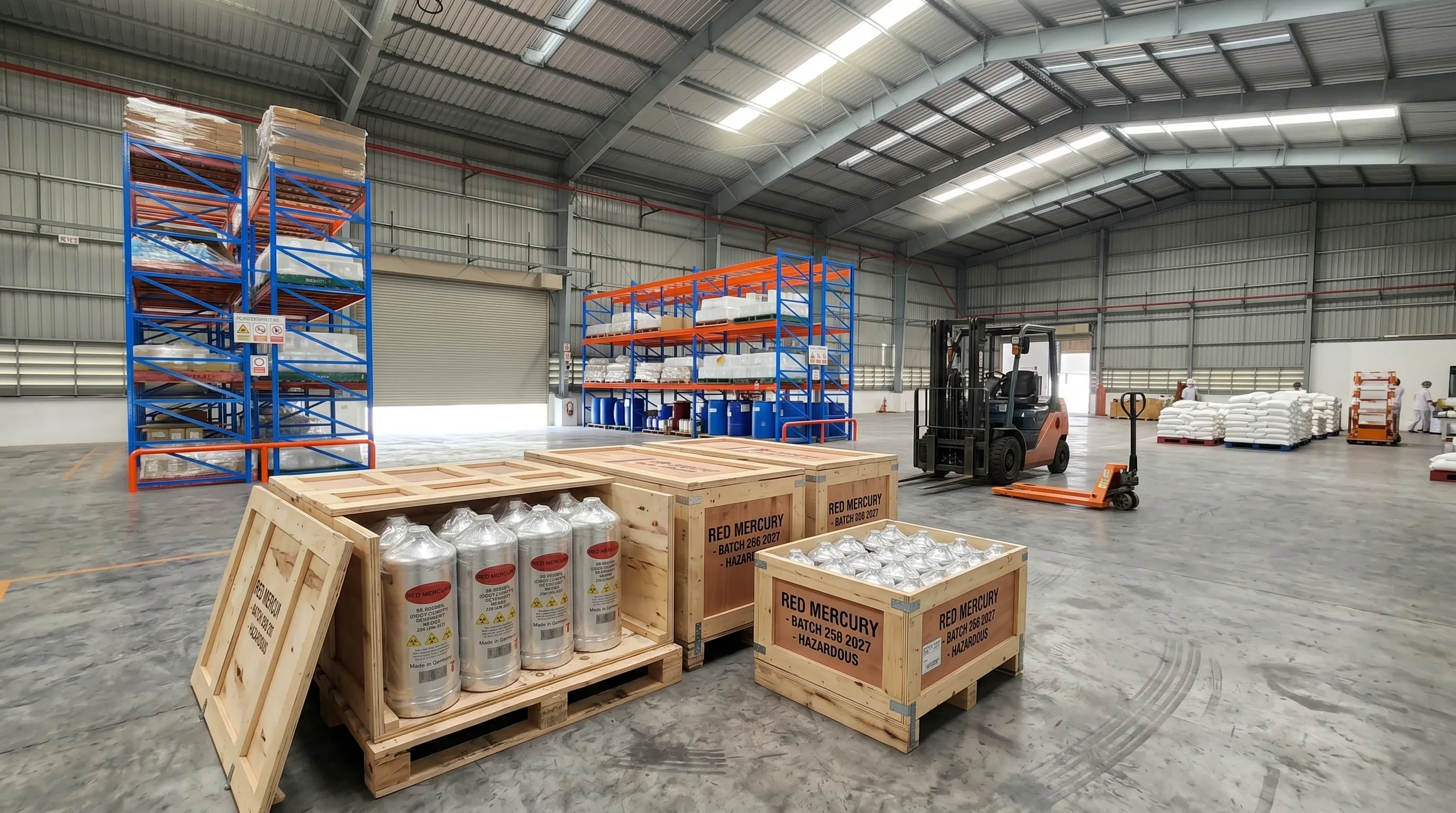 Sealed export container of Red Mercury 20/20-258 prepared for dispatch with hazard documentation
